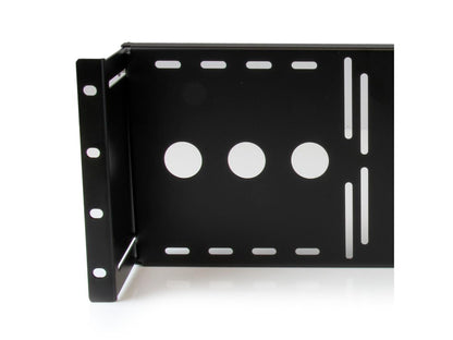 The StarTech RKLCDBK is a TAA-compliant 4U mounting bracket designed for securely installing 17–19 inch VESA LCD monitors into standard 19-inch AV racks and network cabinets. Constructed from cold-pressed steel, it provides a robust and adjustable solution for professional IT environments, supporting 100mm and 75mm VESA standards. Ideal for server rooms or studio installations, it ensures optimal equipment layout while allowing cabinet doors to close securely.