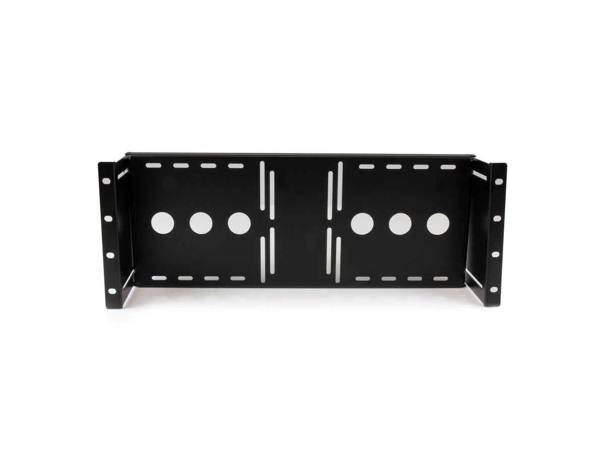 The StarTech RKLCDBK is a TAA-compliant 4U mounting bracket designed for securely installing 17–19 inch VESA LCD monitors into standard 19-inch AV racks and network cabinets. Constructed from cold-pressed steel, it provides a robust and adjustable solution for professional IT environments, supporting 100mm and 75mm VESA standards. Ideal for server rooms or studio installations, it ensures optimal equipment layout while allowing cabinet doors to close securely.