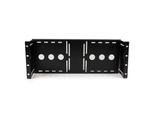 The StarTech RKLCDBK is a TAA-compliant 4U mounting bracket designed for securely installing 17–19 inch VESA LCD monitors into standard 19-inch AV racks and network cabinets. Constructed from cold-pressed steel, it provides a robust and adjustable solution for professional IT environments, supporting 100mm and 75mm VESA standards. Ideal for server rooms or studio installations, it ensures optimal equipment layout while allowing cabinet doors to close securely.