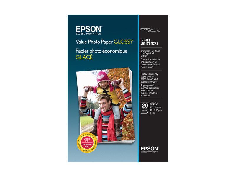 EPSON Value Photo Paper Glossy 4 x 6, 20 Sheets. This high-quality glossy photo paper is designed for everyday photo printing using inkjet printers, offering sharp detail and vibrant color reproduction. Ideal for home and office users who need affordable, quick-drying prints that resist smudging.