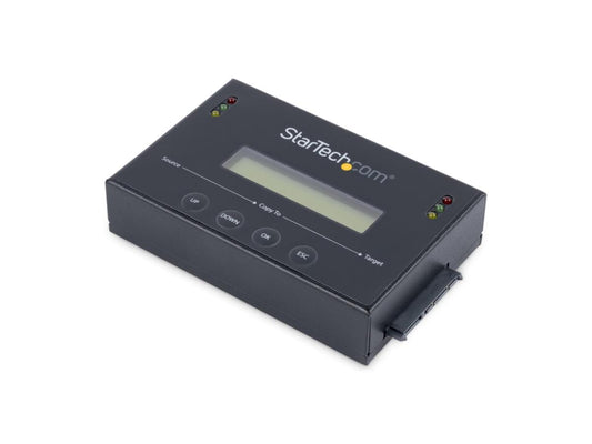 This standalone SATA HDD/SSD duplicator and eraser from StarTech enables fast, PC-independent cloning and data erasure. Designed for compatibility with 2.5" and 3.5" drives, it supports sector-by-sector duplication at speeds up to 14 GB/min, with both Single and 3-Pass Overwrite modes. A rugged aluminum build, LCD display, and multi-function LEDs enhance usability and durability.