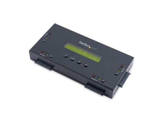 The StarTech 4 Bay HDD/SSD Eraser securely wipes up to four 2.5" or 3.5" SATA drives simultaneously, making it ideal for IT asset disposal and data sanitization. It offers 9 erase modes, including NIST SP 800-88 Rev 1 compliance, and operates as a standalone unit with no host computer required. An LCD interface facilitates operation, while TAA and RS232 support add to its enterprise appeal.