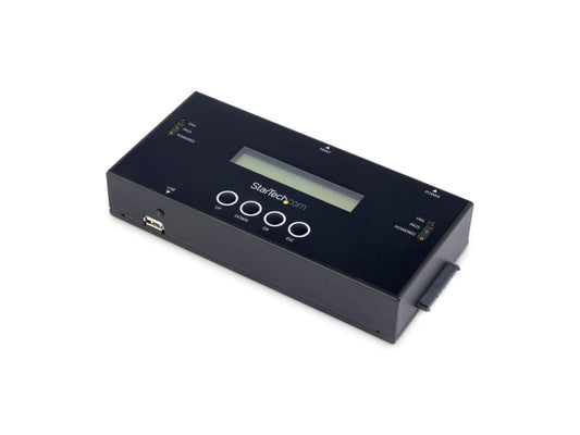The StarTech SATSASDUPE11 is a high-speed, standalone 1:1 duplicator and eraser for 2.5/3.5'' SAS/SATA drives. Featuring cloning speeds up to 13 GB/min and multiple duplication and erase modes, it ensures efficient data management without requiring a host computer. Ideal for IT professionals handling backups, system deployments, or secure data disposal.