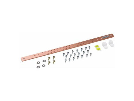 EATON GROUND BAR 1 HEIGHT 0.1888 LENGTH 19.375 WIDTH USED TO CONSOLIDATE GROUNDS ON THE EQUIPMENT RACK COPPER COPPER BAR HORIZONTAL RACK GR