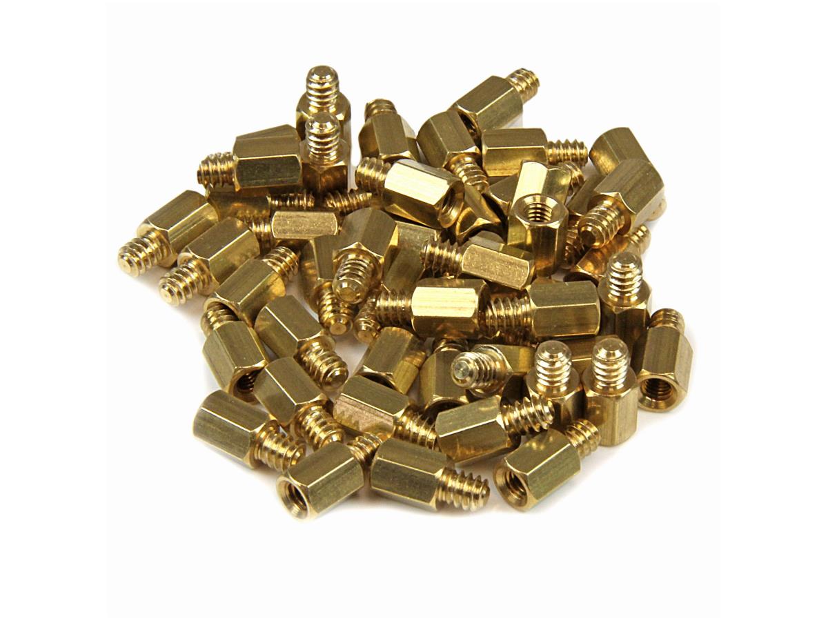 SCREWNUTM from STARTECH is a 50-pack of #6-32 to M3 metal jack screw standoffs designed for mounting motherboards into computer cases with #6-32 threaded mounts. Made from durable steel and brass with a copper finish, these standoffs are TAA compliant and include a 2-year warranty—ideal for IT system integrators and repair operations.