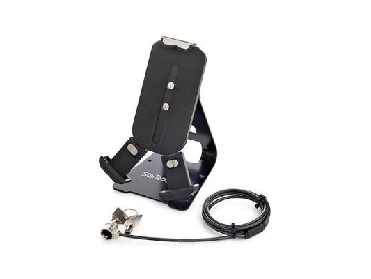 Universal Secure Tablet Stand for devices between 7.9 and 13 inches in size, supporting up to 1.5 lb and 0.37 in thickness. This adjustable black mount features tilt/rotate options, includes a K-slot security lock, and provides desk-mount capability—ideal for display or controlled-access environments such as retail or corporate spaces.