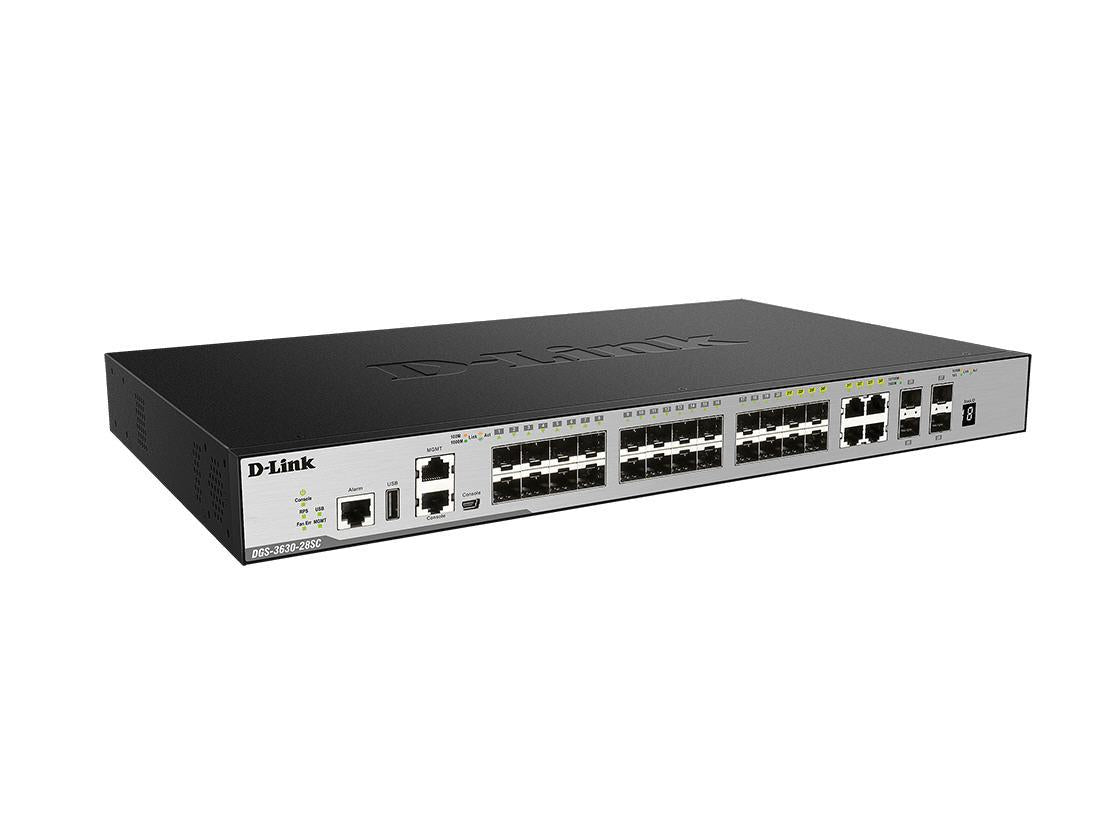 The D-Link DGS-3630-28SC is a high-performance Layer 3 managed switch featuring 20 SFP ports, 4 combo 10/100/1000BASE-T/SFP ports, and 4 10GbE SFP+ uplink ports. Designed for scalable enterprise or data center deployments, it supports TAA compliance and is manufactured in Taiwan. A robust solution for high-throughput environments.