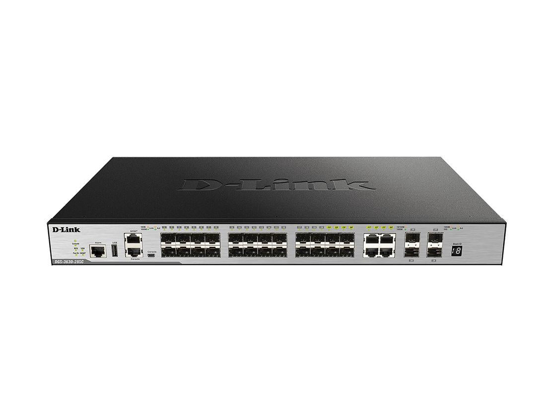 The D-Link DGS-3630-28SC is a high-performance Layer 3 managed switch featuring 20 SFP ports, 4 combo 10/100/1000BASE-T/SFP ports, and 4 10GbE SFP+ uplink ports. Designed for scalable enterprise or data center deployments, it supports TAA compliance and is manufactured in Taiwan. A robust solution for high-throughput environments.