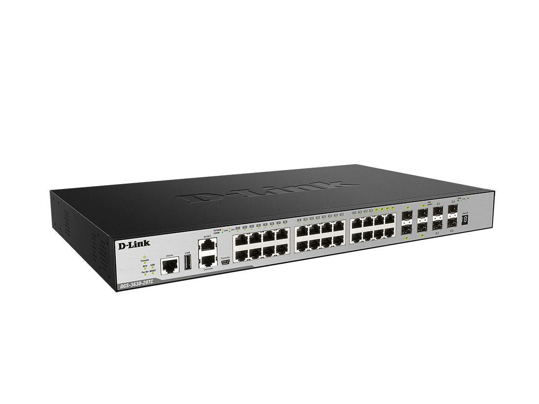 The D-Link DGS-3630-28TC is a fully managed Layer 3 switch equipped with 20 x 1GbE BASE-T ports, 4 combo 10/100/1000BASE-T/SFP ports, and 4 x 10GbE SFP+ uplinks. Designed for enterprise and data center environments, it offers high-speed interconnectivity and advanced management capabilities. With TAA compliance and a Taiwan-origin design, it ensures reliable and secure deployment in regulated environments.