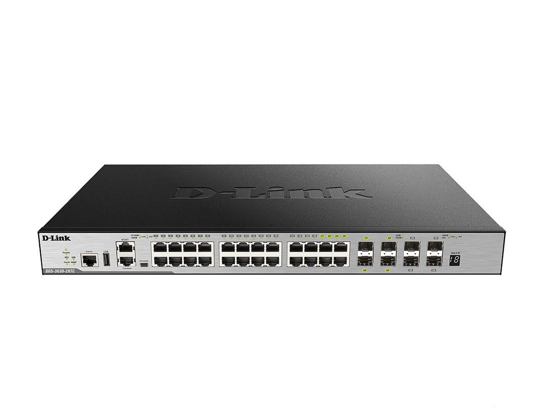 The D-Link DGS-3630-28TC is a fully managed Layer 3 switch equipped with 20 x 1GbE BASE-T ports, 4 combo 10/100/1000BASE-T/SFP ports, and 4 x 10GbE SFP+ uplinks. Designed for enterprise and data center environments, it offers high-speed interconnectivity and advanced management capabilities. With TAA compliance and a Taiwan-origin design, it ensures reliable and secure deployment in regulated environments.