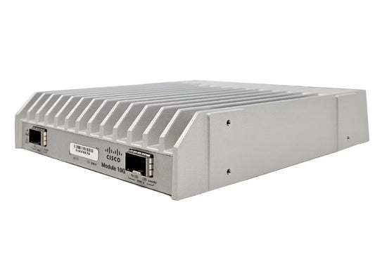 Hardened Cisco 10G network module featuring two SFP+ ports and dual DC power support. Designed for robust deployment environments, it supports Gigabit Ethernet over a 1RU form factor and TAA compliance for government-ready applications.