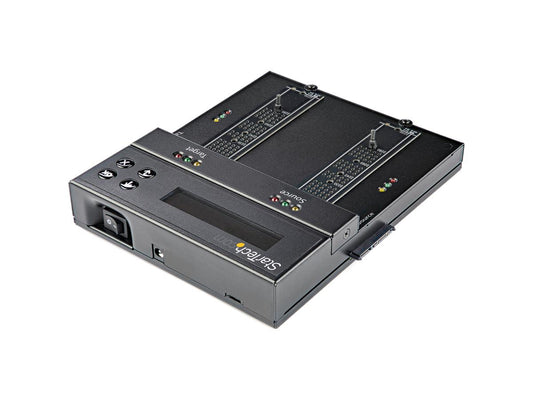 This standalone STARTECH duplicator and eraser is ideal for fast, cable-free duplication or secure erasure of M.2 NVMe, M.2 SATA AHCI, and 2.5/3.5-inch SATA drives. Supporting transfer speeds up to 7.5GB per minute, it's a robust tool for IT technicians and service centers handling drive replication and secure wiping tasks on various drive types.