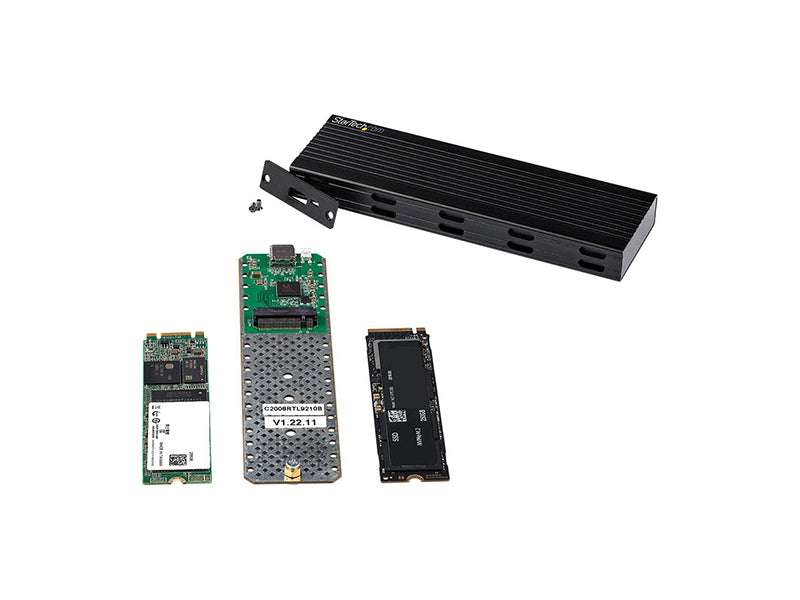 This StarTech external USB enclosure supports both PCIe NVMe (M-key) and SATA AHCI (B+M key) M.2 SSDs in multiple form factors (2230 to 2280). Featuring USB 3.1 Gen 2 connectivity with both USB-C and USB-A cables, it enables fast data transfer up to 10Gbps. The durable vented aluminum design ensures efficient heat dissipation and long-term reliability.