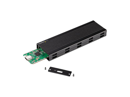 This StarTech external USB enclosure supports both PCIe NVMe (M-key) and SATA AHCI (B+M key) M.2 SSDs in multiple form factors (2230 to 2280). Featuring USB 3.1 Gen 2 connectivity with both USB-C and USB-A cables, it enables fast data transfer up to 10Gbps. The durable vented aluminum design ensures efficient heat dissipation and long-term reliability.