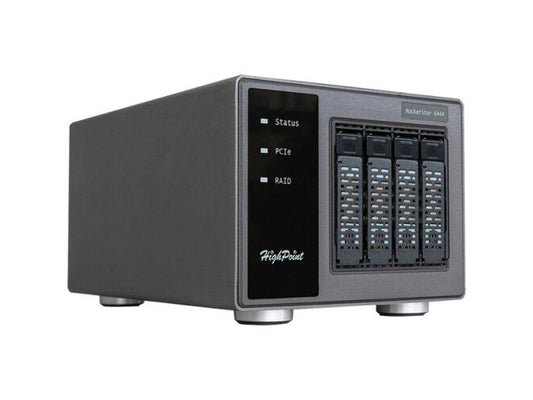 HighPoint SSD6444M is a PCIe 3.0 x16 RAID storage enclosure with support for 4 M.2 NVMe SSDs. It offers RAID 0, 1, and 10 configurations and is compatible with Windows, Linux, and macOS. Designed for desktops, it includes a 250W power supply, LED indicators, and both WebGUI and CLI for RAID management.