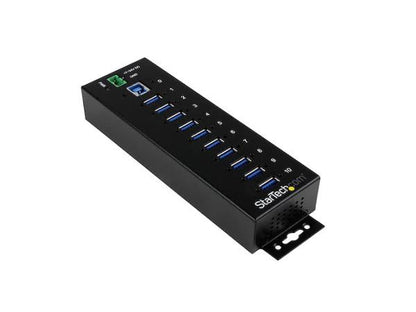 Add ten USB 3.0 (5Gbps) ports with this DIN rail or wall-mountable industrial hub from StarTech, engineered for rugged environments. It includes 15kV ESD and 350W surge protection, a rugged metal housing, and terminal block power support in a compact form factor ideal for industrial or heavy-duty professional applications.