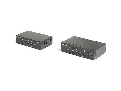 This StarTech Multi-Input HDBaseT Extender Kit allows you to switch and scale between four video sources (HDMI, DisplayPort, and VGA) and transmit them up to 70 meters over a single CAT5e or higher cable. Designed for high-resolution transmission at 1920x1200 @ 60Hz, it enables seamless wired connectivity between local video sources and remote displays.