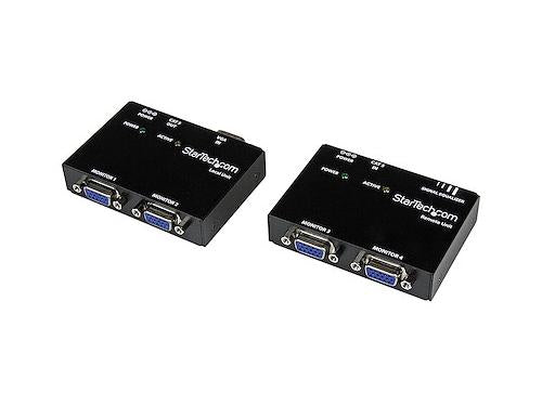 Extend and broadcast a VGA signal to two local and two remote displays with the StarTech VGA Video Extender over Cat5. Designed for professional environments, this wired extender provides reliable video transmission over CAT5e or better cabling up to 150 meters, supporting optimal display setups for classrooms, lobbies, and business applications.