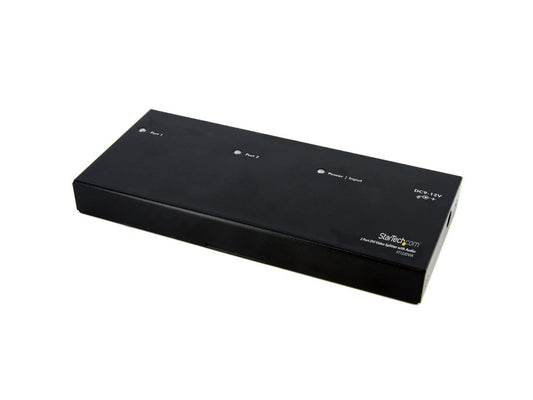 The StarTech ST122DVIA is a 2-port DVI video splitter with audio, enabling you to deliver high-resolution video and audio to two displays simultaneously. TAA-compliant and supporting up to 1920 x 1200 @ 60Hz, it's ideal for digital signage, presentations, or setups requiring mirror display output. Built for reliability and compliance, it is compact and backed by a 2-year warranty.