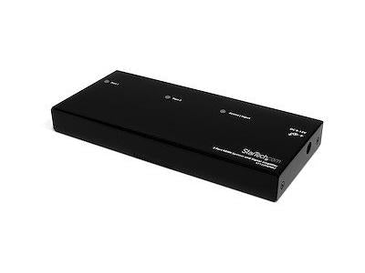 Distribute a single HDMI video and audio signal across two displays with the StarTech ST122HDMI2 2-Port HDMI Splitter and Amplifier. This TAA-compliant video distribution device supports Full HD 1080p resolution and delivers reliable performance with EDID support and optional 3.5mm stereo audio. With its compact external form factor, it's ideal for professional A/V installations in business or education environments.