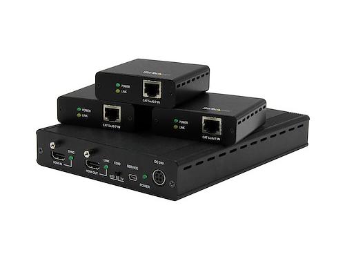 Distribute a single HDMI signal to three displays with the StarTech 3-Port HDBaseT Extender Kit. Designed for 4K video distribution over standard Ethernet cabling, this mountable HDMI extender supports CAT5, CAT6, or CAT7 connections across distances up to 70 meters. Ideal for digital signage, conference room AV, or high-resolution commercial display applications.