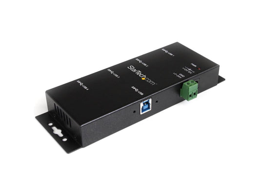 The StarTech ST4300USBM is a 4-port industrial USB 3.0 hub engineered for high-speed data transfer and robust environmental tolerance. Designed with a durable black metal enclosure, it supports wall and desk mounting, making it ideal for heavy-use environments. TAA compliance and advanced ESD protection ensure reliability and performance in a wide range of applications.