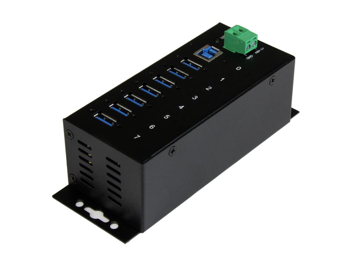 Add seven SuperSpeed USB 3.0 ports with the rugged StarTech ST7300USBME industrial USB hub. Designed for demanding environments, it features 15kV ESD protection, wide temperature tolerance, and mounting flexibility via DIN rail or wall-mount options. Offers 5 Gbps data transfer rates across 7 USB Type-A ports for high-throughput deployments.
