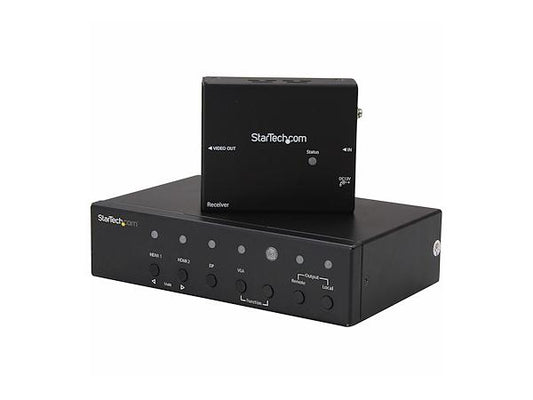 Connect your laptop to a remote display over standard CAT5 or CAT6 cabling, and easily swap between HDMI, DP or VGA video sources. This HDBaseT video extender transmits signals at up to 70 meters in 4K resolution. Ideal for digital signage, office connectivity, and meeting room flexibility.