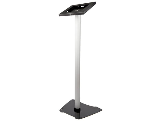 The StarTech Secure Tablet Floor Stand offers a tamper-resistant, fixed-height mounting solution for iPads and tablets with a 9.7-inch screen. Designed for retail, trade show, or public area deployments, it combines a locking enclosure, sleek black and silver design, and TAA compliance. Ideal for persistent digital engagement needs.