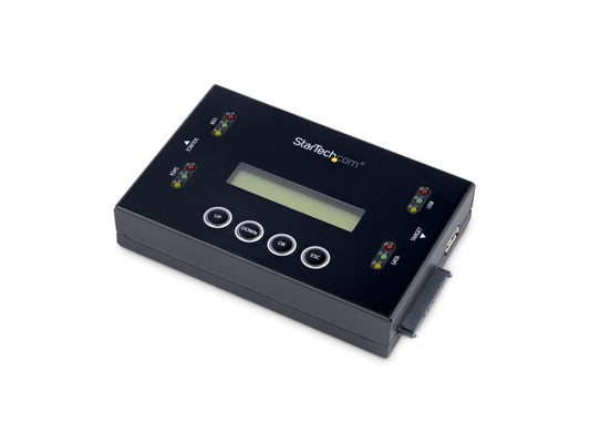 Standalone SATA and USB hard drive duplicator and eraser with 4 duplication and 5 erase modes. Supports 2.5"/3.5" SATA drives and USB flash drives with speeds up to 18 GB/min. Features an LCD display, LED indicators, and durable steel enclosure.