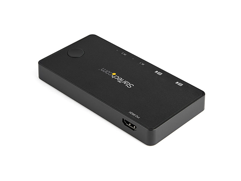 The StarTech SV211HDUC is a compact 2-port USB-C KVM switch supporting UHD 4K 60Hz resolution over HDMI 2.0, allowing seamless switching between two USB Type-C or Thunderbolt 3 devices. This USB-powered solution is ideal for modern workstations, offering portability and OS independence. Designed with convenience in mind, it includes USB-C cables and features a 2-year warranty with 24/5 technical support.