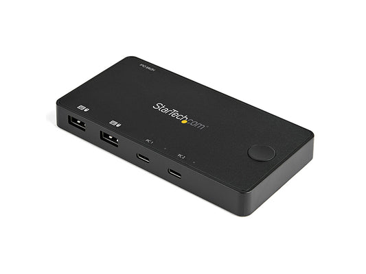 The StarTech SV211HDUC is a compact 2-port USB-C KVM switch supporting UHD 4K 60Hz resolution over HDMI 2.0, allowing seamless switching between two USB Type-C or Thunderbolt 3 devices. This USB-powered solution is ideal for modern workstations, offering portability and OS independence. Designed with convenience in mind, it includes USB-C cables and features a 2-year warranty with 24/5 technical support.