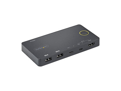 Switch between a USB-C or HDMI+USB-A host with the StarTech SV221HUC4K KVM Switch, supporting 4K 60Hz resolution. This hybrid KVM switch enables seamless sharing of a single HDMI display between modern USB Type-C and traditional HDMI/USB computers—ideal for desk setups using Thunderbolt 3 devices. With included cables and bus-powered design, setup is quick and driver-free.