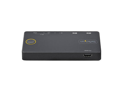 Switch between a USB-C or HDMI+USB-A host with the StarTech SV221HUC4K KVM Switch, supporting 4K 60Hz resolution. This hybrid KVM switch enables seamless sharing of a single HDMI display between modern USB Type-C and traditional HDMI/USB computers—ideal for desk setups using Thunderbolt 3 devices. With included cables and bus-powered design, setup is quick and driver-free.