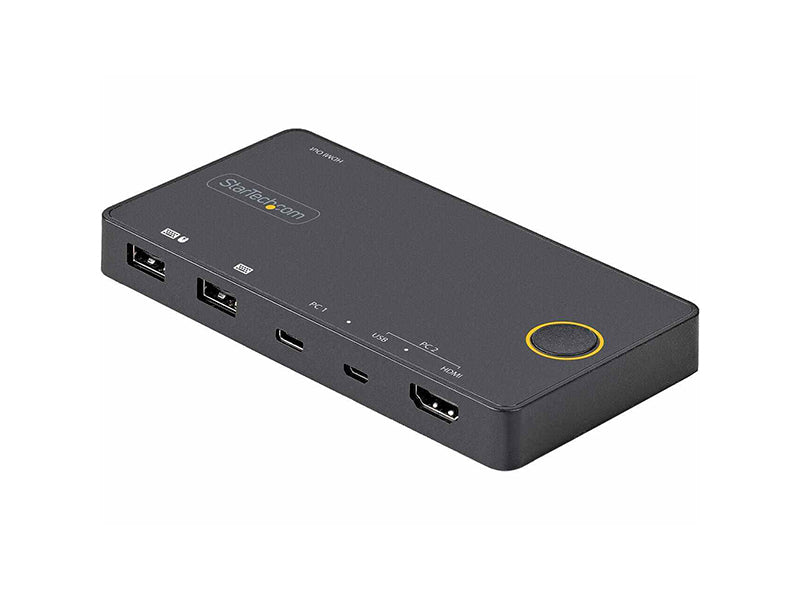 Switch between a USB-C or HDMI+USB-A host with the StarTech SV221HUC4K KVM Switch, supporting 4K 60Hz resolution. This hybrid KVM switch enables seamless sharing of a single HDMI display between modern USB Type-C and traditional HDMI/USB computers—ideal for desk setups using Thunderbolt 3 devices. With included cables and bus-powered design, setup is quick and driver-free.