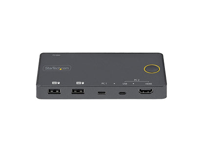 Switch between a USB-C or HDMI+USB-A host with the StarTech SV221HUC4K KVM Switch, supporting 4K 60Hz resolution. This hybrid KVM switch enables seamless sharing of a single HDMI display between modern USB Type-C and traditional HDMI/USB computers—ideal for desk setups using Thunderbolt 3 devices. With included cables and bus-powered design, setup is quick and driver-free.