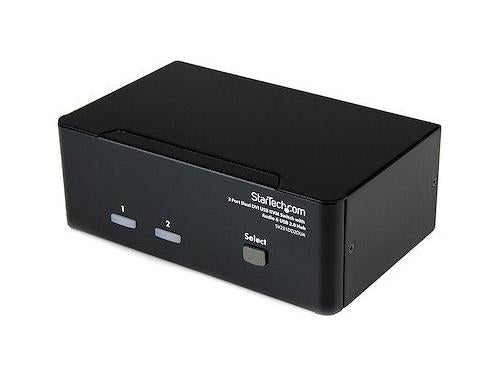 Share a keyboard, mouse, and dual DVI monitors between two computers with the StarTech 2-Port Dual DVI USB KVM Switch. Designed for multimedia and high-resolution workstations, this wired external switch supports up to 1920 x 1200 resolution displays. Ideal for professional and TAA-compliant environments requiring dual-monitor switching.