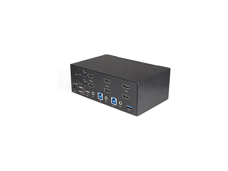 The StarTech SV231DHU34K6 is a 2-port dual monitor HDMI KVM switch designed for high-performance multi-system setups, supporting up to 4K UHD at 60Hz. With a USB 3.0 hub offering 5Gbps transfer rates, it enables seamless peripheral and display switching via hotkey or push button. TAA compliant and built with a compact black enclosure, it’s ideal for government and enterprise environments requiring fast, reliable AV and USB control.