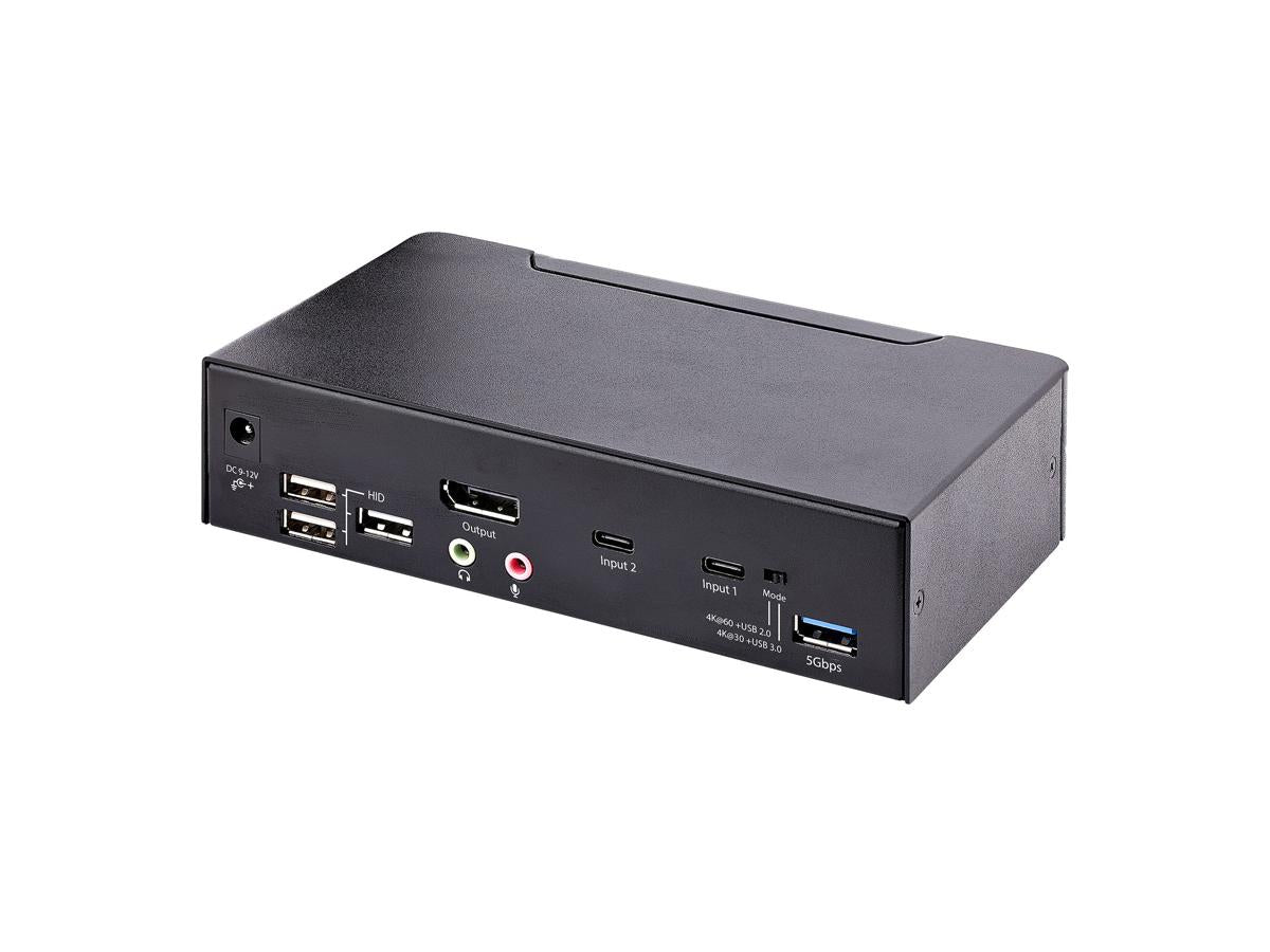 USB C KVM SWITCH, 2 PORT DISPLAYPORT KVM W/ 4K 60HZ UHD HDR VIDEO, 3.5MM AUDIO, 4X USB HID, 2X USB A 5GBPS HUB, HOT KEY SWITCHING, TB 3/4 COMPATIBLE