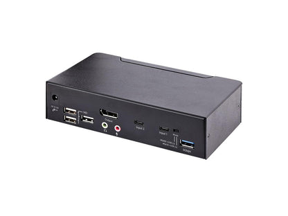 USB C KVM SWITCH, 2 PORT DISPLAYPORT KVM W/ 4K 60HZ UHD HDR VIDEO, 3.5MM AUDIO, 4X USB HID, 2X USB A 5GBPS HUB, HOT KEY SWITCHING, TB 3/4 COMPATIBLE