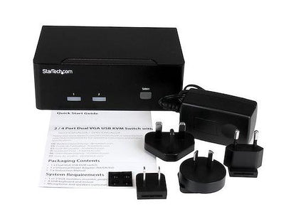 Access and control two dual-video VGA computers from a single workstation using the StarTech 2-Port Dual VGA USB 2.0 KVM Switch. This device supports dual VGA displays and USB 2.0 peripherals, along with 3.5mm audio connections, all in one compact external unit. Ideal for control rooms, help desks, or dual-system users.