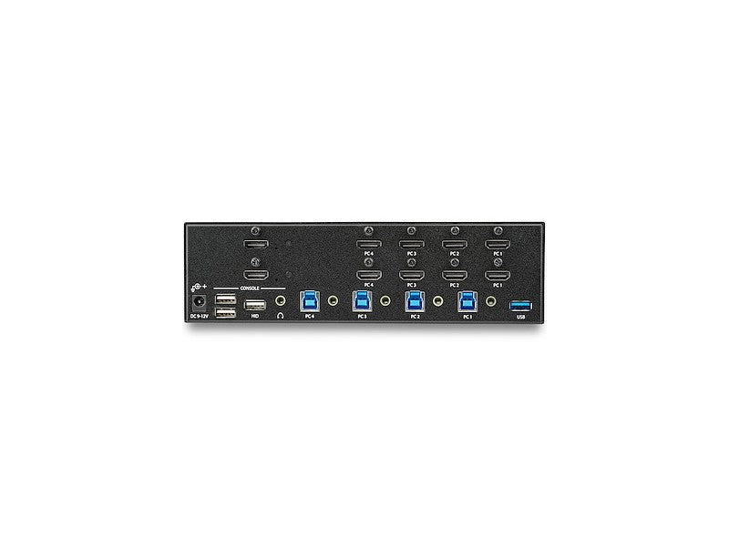 This 4-port HDMI KVM switch from StarTech lets users connect and control up to four HDMI-based computers using a single keyboard, mouse, and dual 4K monitors. Designed for professional workstations requiring high-resolution dual-display setups, it supports resolutions up to 3840 x 2160 at 30Hz and ensures fast USB and Gigabit Ethernet connectivity. Ideal for IT managers, broadcast environments, and multimedia production studios.