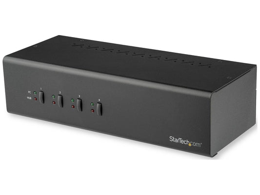 The STARTECH 4-Port Dual Monitor DVI USB KVM Switch offers advanced dual-link DVI support for up to four systems, enabling seamless control across dual displays. It's built for demanding professional environments with features like hotkey/manual switching, integrated USB 3.0 hub, and robust steel housing. Ideal for server rooms, IT setups, and workstations needing dual-screen access and audio/mic control, it meets TAA compliance for secure deployments.