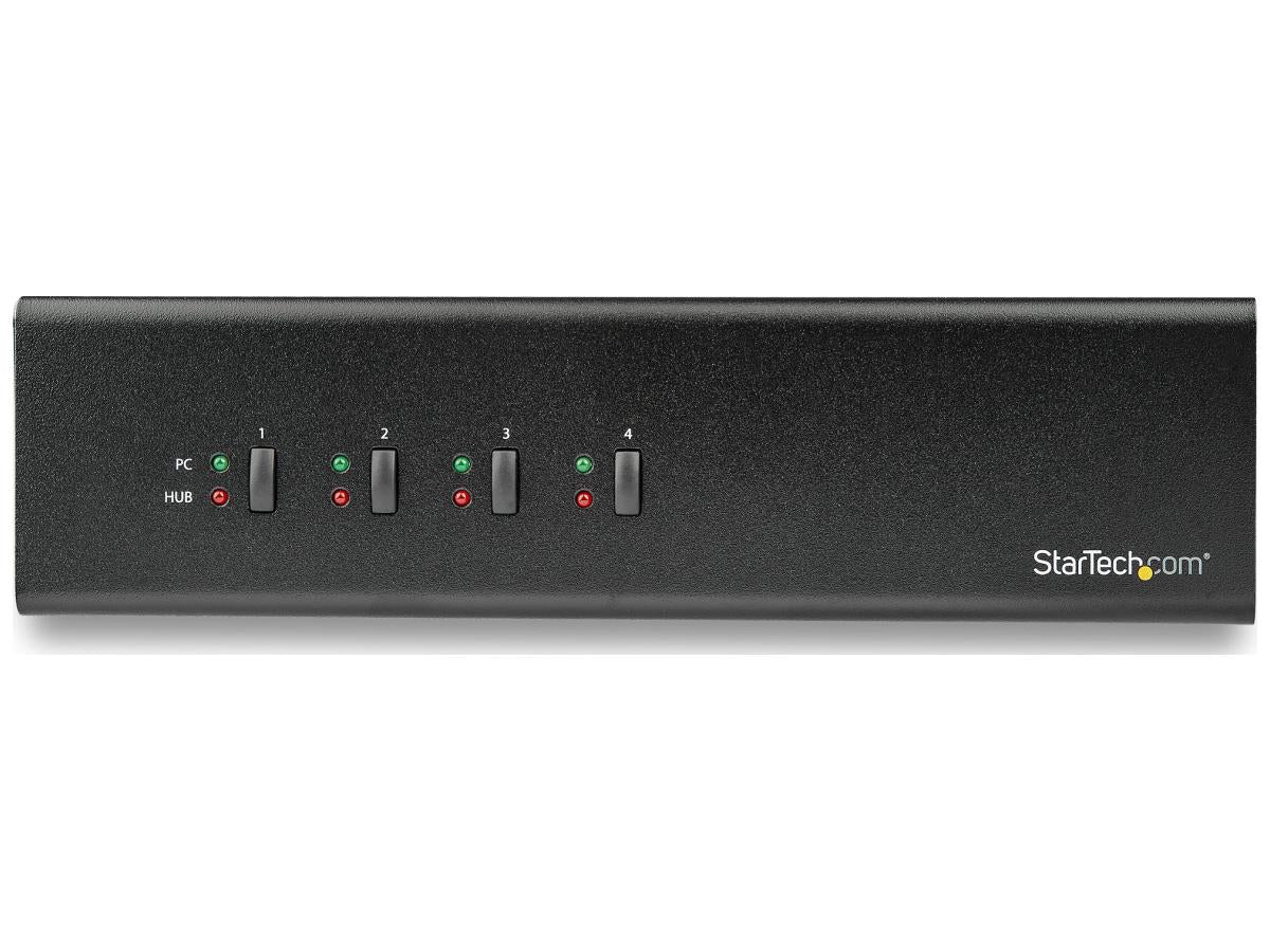 The STARTECH 4-Port Dual Monitor DVI USB KVM Switch offers advanced dual-link DVI support for up to four systems, enabling seamless control across dual displays. It's built for demanding professional environments with features like hotkey/manual switching, integrated USB 3.0 hub, and robust steel housing. Ideal for server rooms, IT setups, and workstations needing dual-screen access and audio/mic control, it meets TAA compliance for secure deployments.