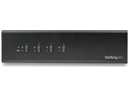 The STARTECH 4-Port Dual Monitor DVI USB KVM Switch offers advanced dual-link DVI support for up to four systems, enabling seamless control across dual displays. It's built for demanding professional environments with features like hotkey/manual switching, integrated USB 3.0 hub, and robust steel housing. Ideal for server rooms, IT setups, and workstations needing dual-screen access and audio/mic control, it meets TAA compliance for secure deployments.