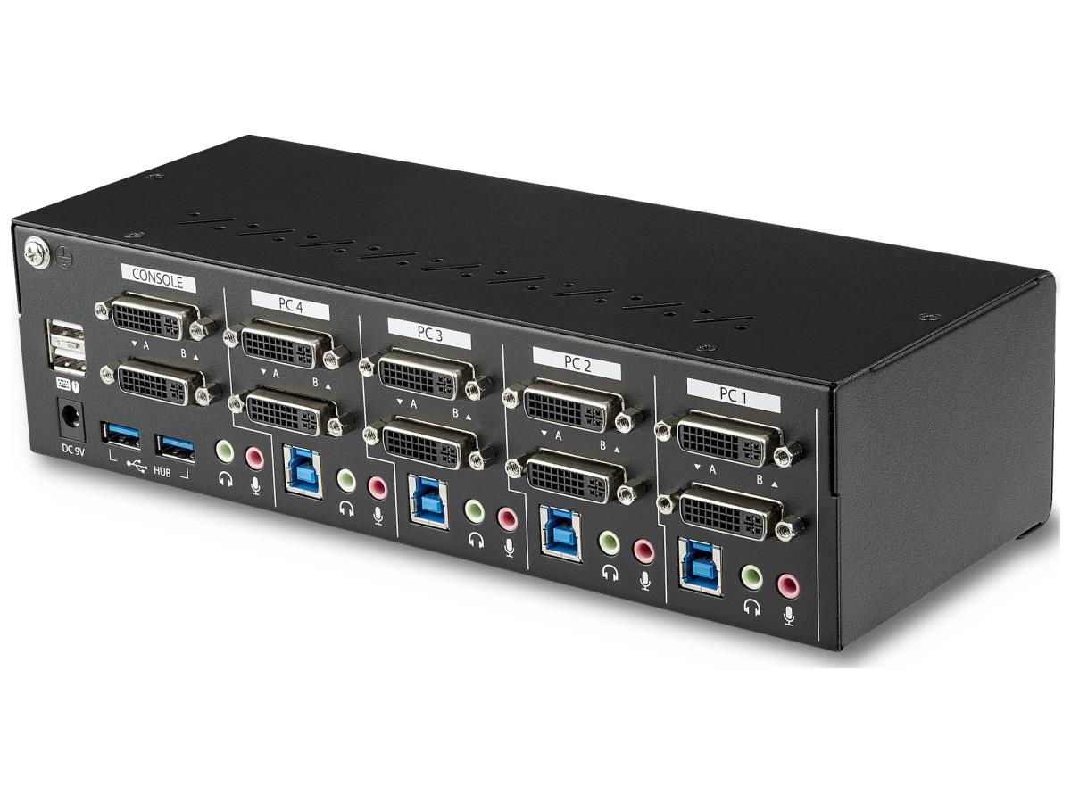 The STARTECH 4-Port Dual Monitor DVI USB KVM Switch offers advanced dual-link DVI support for up to four systems, enabling seamless control across dual displays. It's built for demanding professional environments with features like hotkey/manual switching, integrated USB 3.0 hub, and robust steel housing. Ideal for server rooms, IT setups, and workstations needing dual-screen access and audio/mic control, it meets TAA compliance for secure deployments.