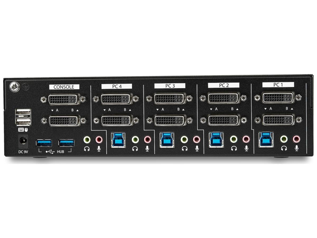 The STARTECH 4-Port Dual Monitor DVI USB KVM Switch offers advanced dual-link DVI support for up to four systems, enabling seamless control across dual displays. It's built for demanding professional environments with features like hotkey/manual switching, integrated USB 3.0 hub, and robust steel housing. Ideal for server rooms, IT setups, and workstations needing dual-screen access and audio/mic control, it meets TAA compliance for secure deployments.
