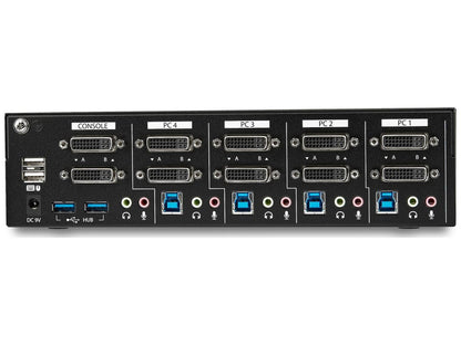 The STARTECH 4-Port Dual Monitor DVI USB KVM Switch offers advanced dual-link DVI support for up to four systems, enabling seamless control across dual displays. It's built for demanding professional environments with features like hotkey/manual switching, integrated USB 3.0 hub, and robust steel housing. Ideal for server rooms, IT setups, and workstations needing dual-screen access and audio/mic control, it meets TAA compliance for secure deployments.