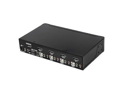 This 4-port DisplayPort KVM switch from StarTech supports 3840 x 2160 resolution at 60Hz and offers manual or hotkey-based switching, optimized for multitasking with high-resolution workstations. It includes a USB 2.0 hub, MST passthrough, and audio support, making it ideal for TAA-compliant environments and mixed-platform deployments. Steel housing and OS independence ensure long-term durability and broad compatibility.