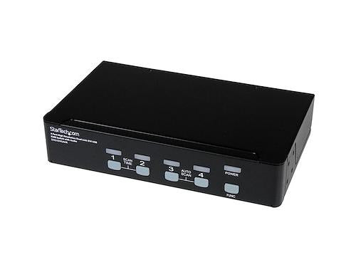 Control up to four high-resolution multimedia computers with the StarTech 4-Port USB DVI Audio KVM Switch. Ideal for professional workstations and server management, this TAA-compliant switch supports dual-link DVI and USB interfaces for seamless command. Reduce equipment costs and optimize desktop space with a unified console solution.